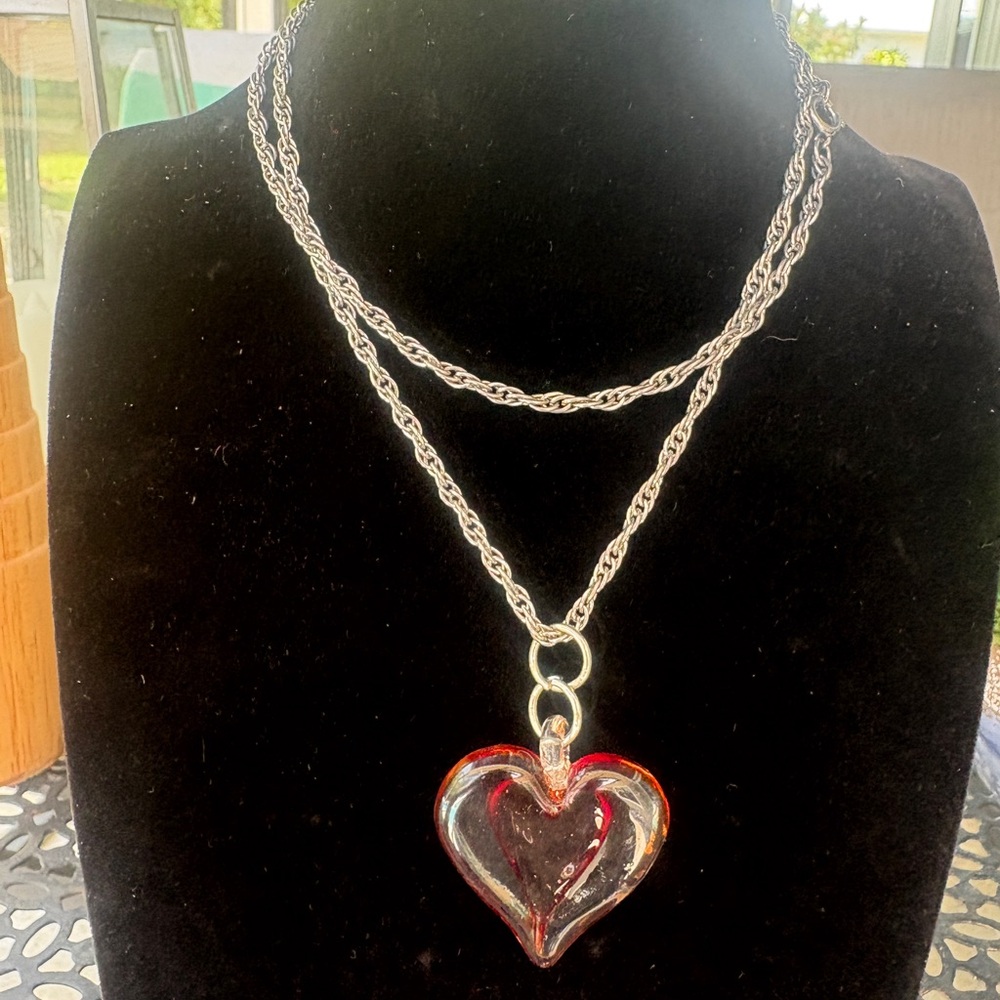 EUC, Clear and Red Glass Heart Pendant Necklace